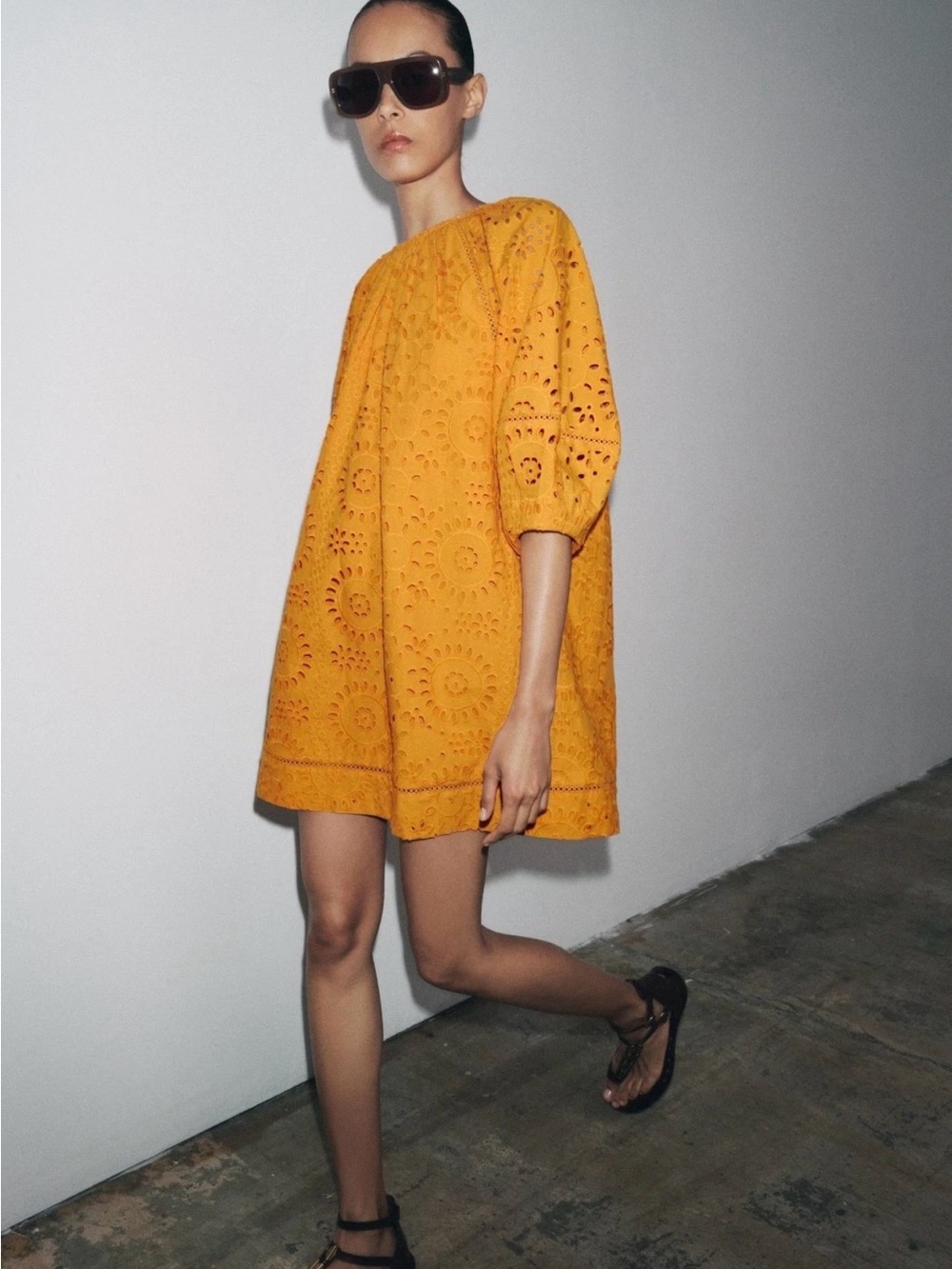 Zara ZW Collection Tangerine Eyelet Embroidered Mini Dress Size Small